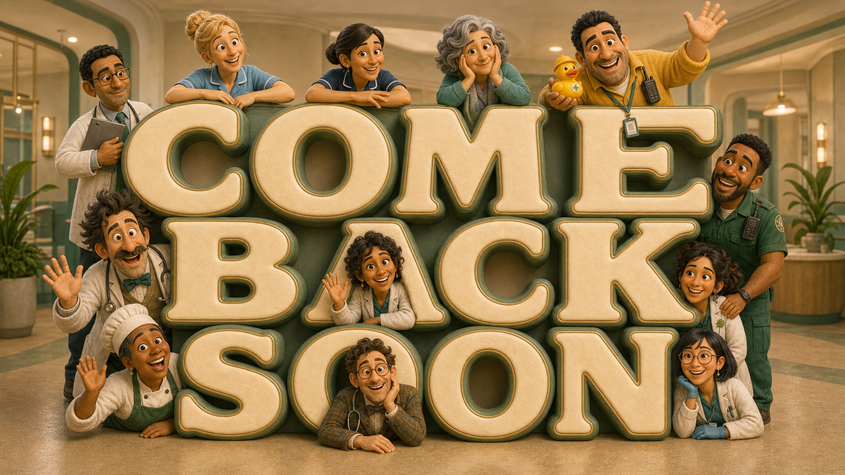The Tally Ho Hospital team smiling and waving around huge soft 3D letters spelling Come Back Soon