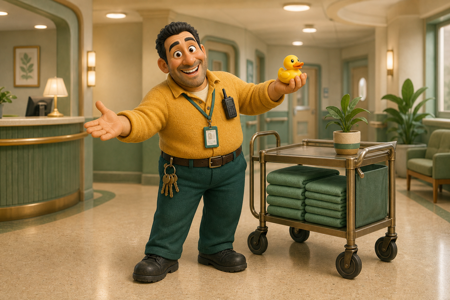 Pete the Porter opening his arms to welcome visitors into Tally Ho Hospital with his squeezy duck and porter trolley