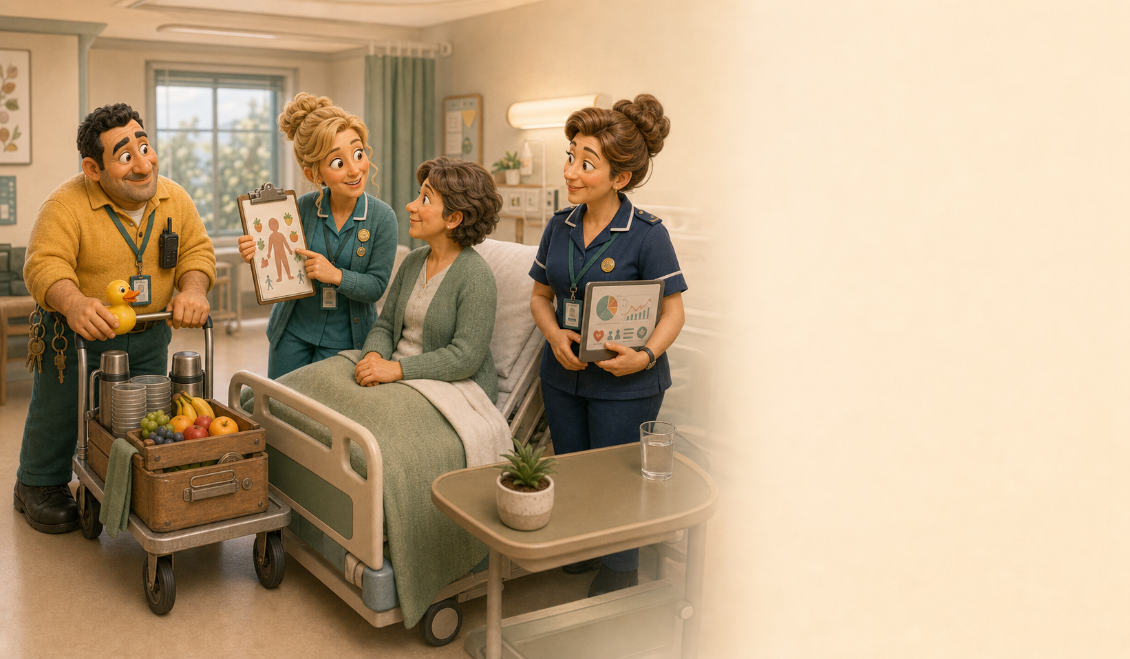 Pete the Porter meeting Fiona Fibre and Penny Power on the ward