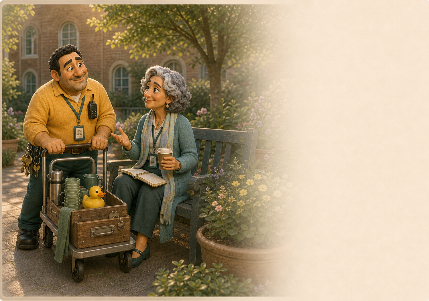 Pete the Porter speaking with Professor Klara Zenith in the hospital garden