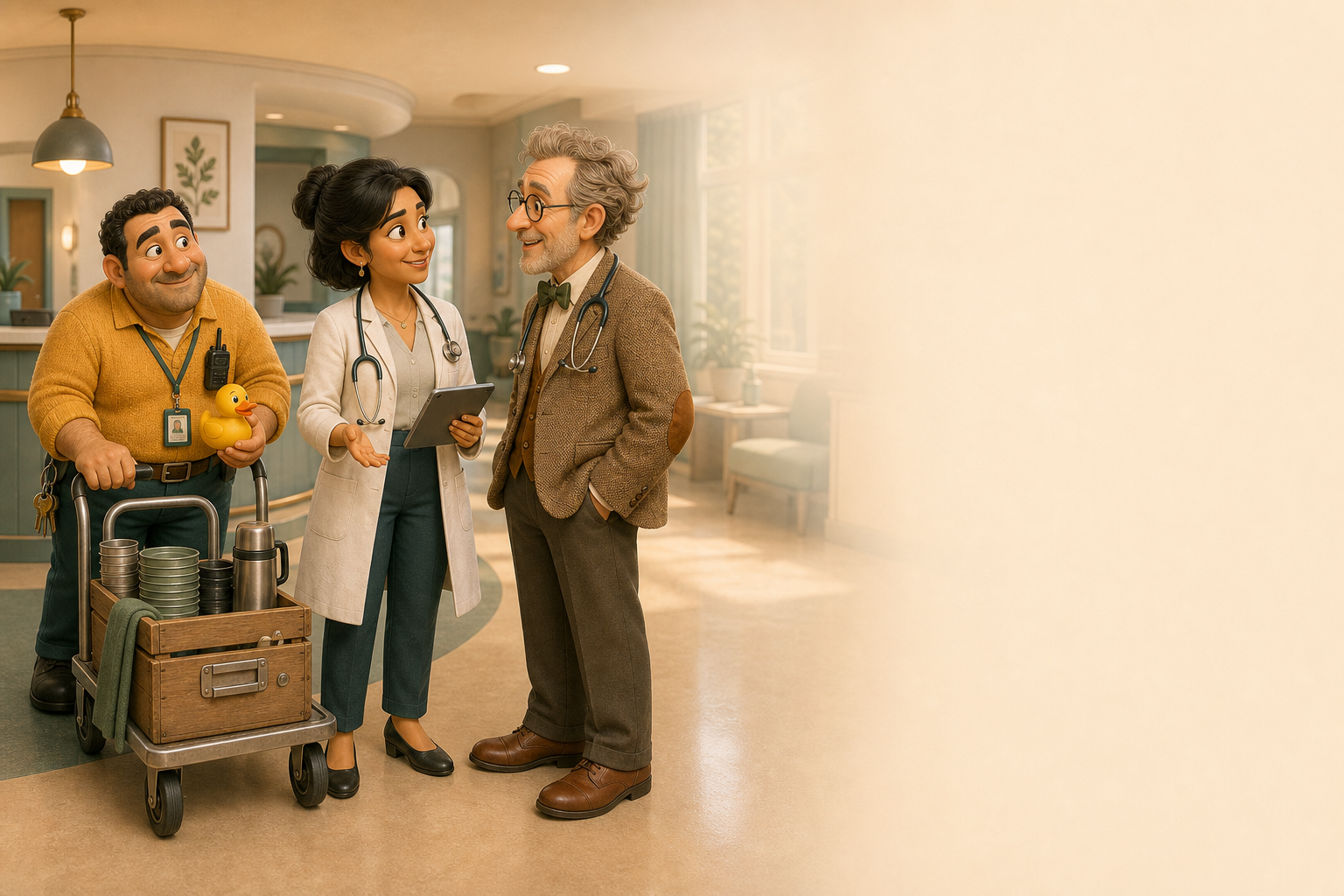 Pete the Porter visiting Orchard Surgery with Dr Zahra Future and Dr Alistair Rota