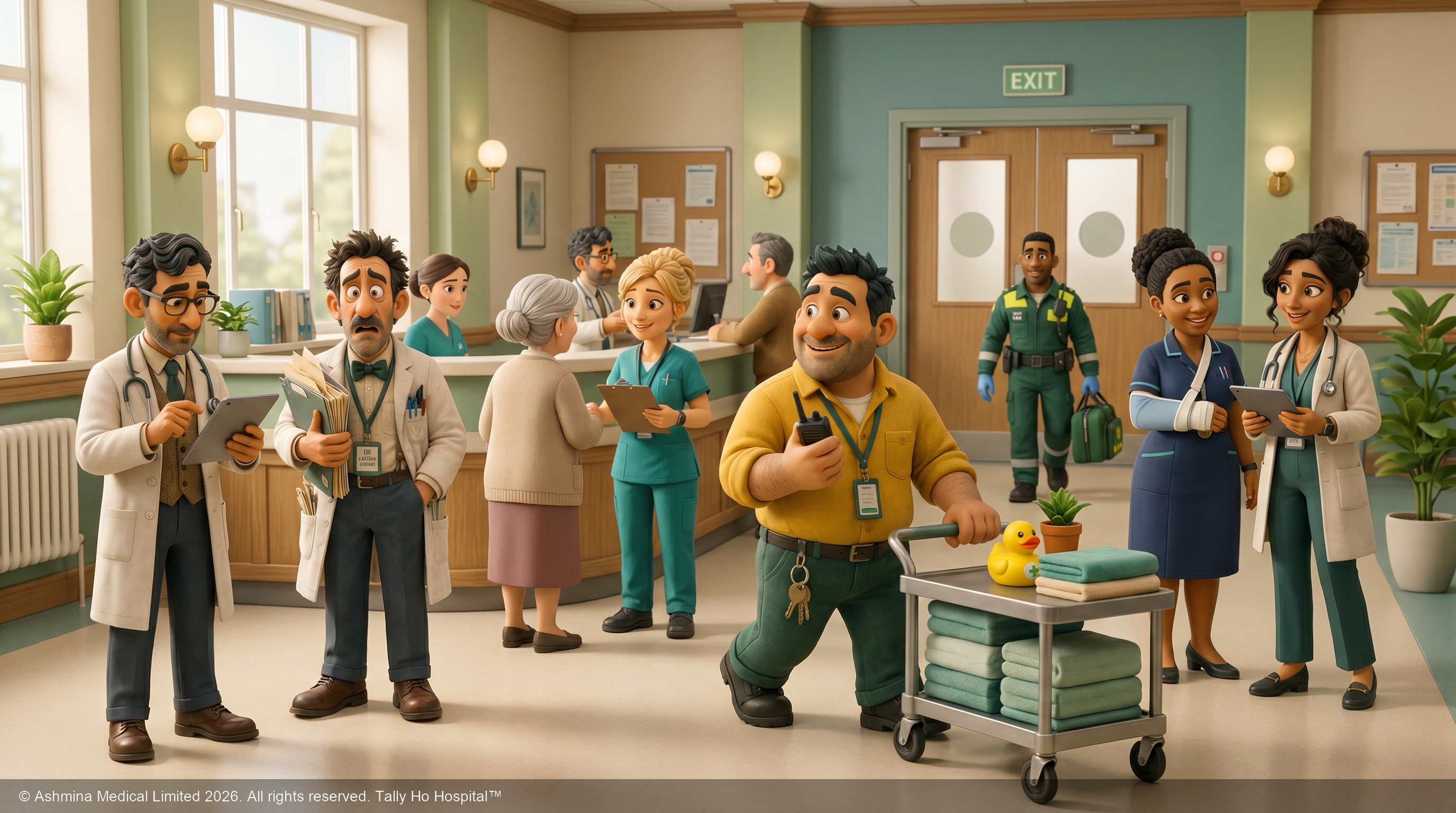 Tally Ho Hospital team gathering in the lobby at the start of a shift