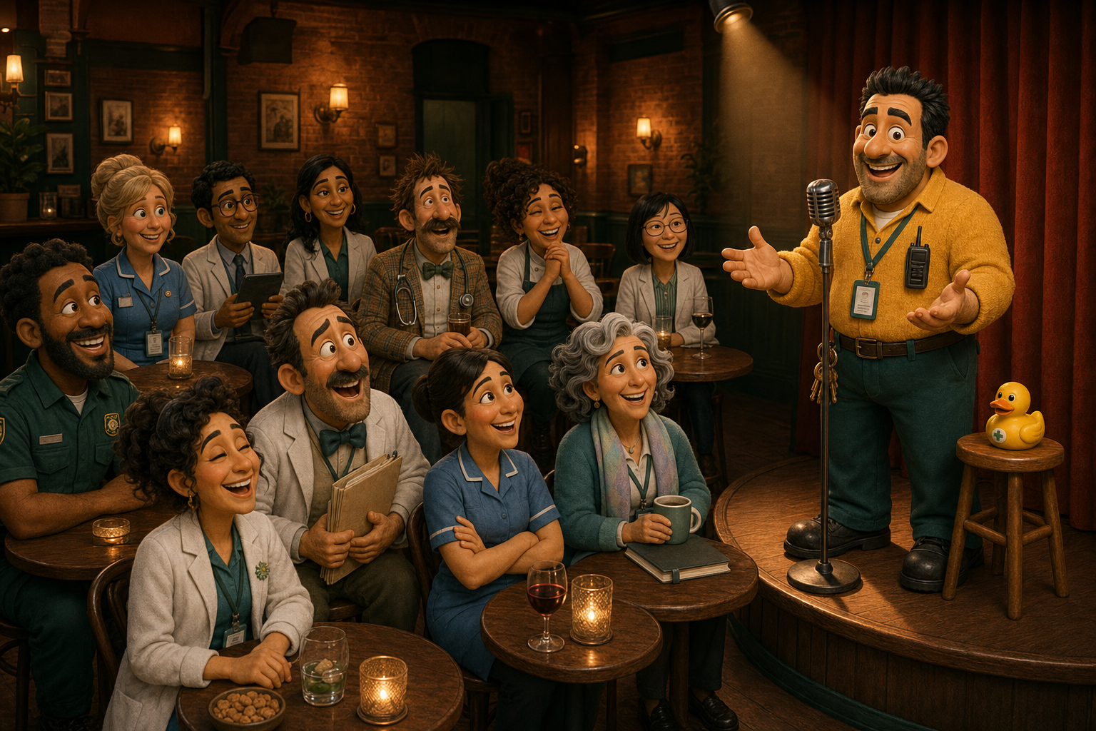 Pete the Porter performing stand-up comedy on stage while the Tally Ho Hospital team laugh together in a cosy Bloomsbury comedy club
