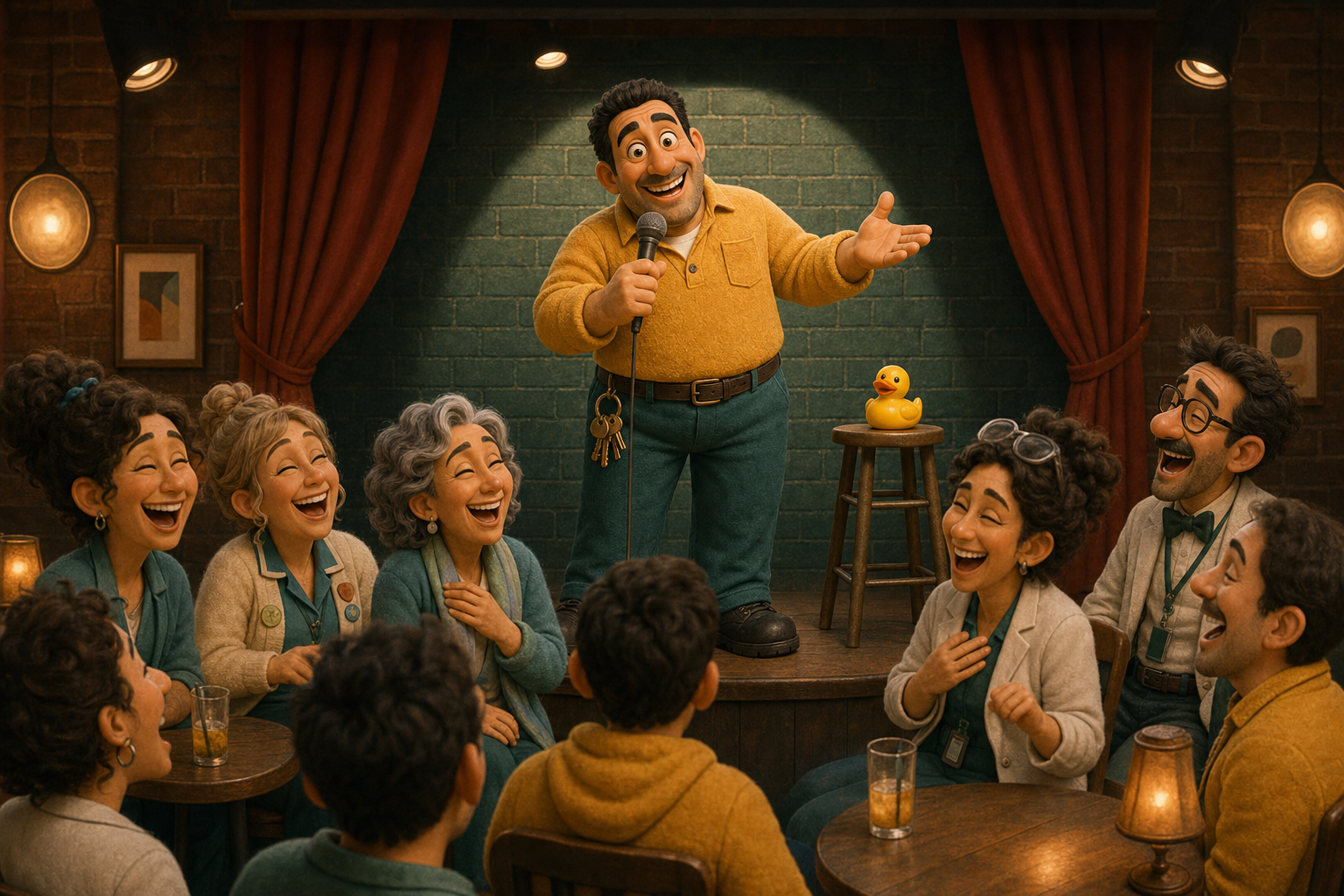 Pete the Porter performing stand-up comedy on stage with the Tally Ho team laughing around him