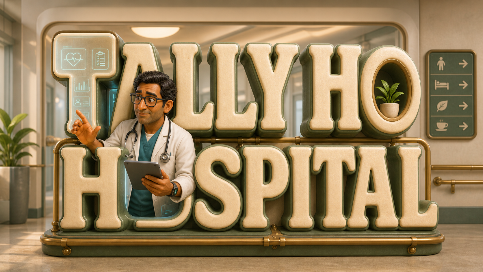 Dr Axis using the Tally Ho Hospital letters as a high tech clinical interface