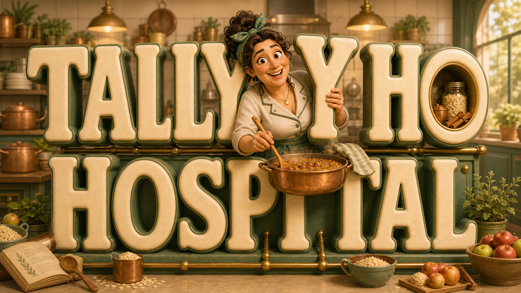 Cynthia Cinnabon bursting playfully through Tally Ho Hospital letters with kitchen props