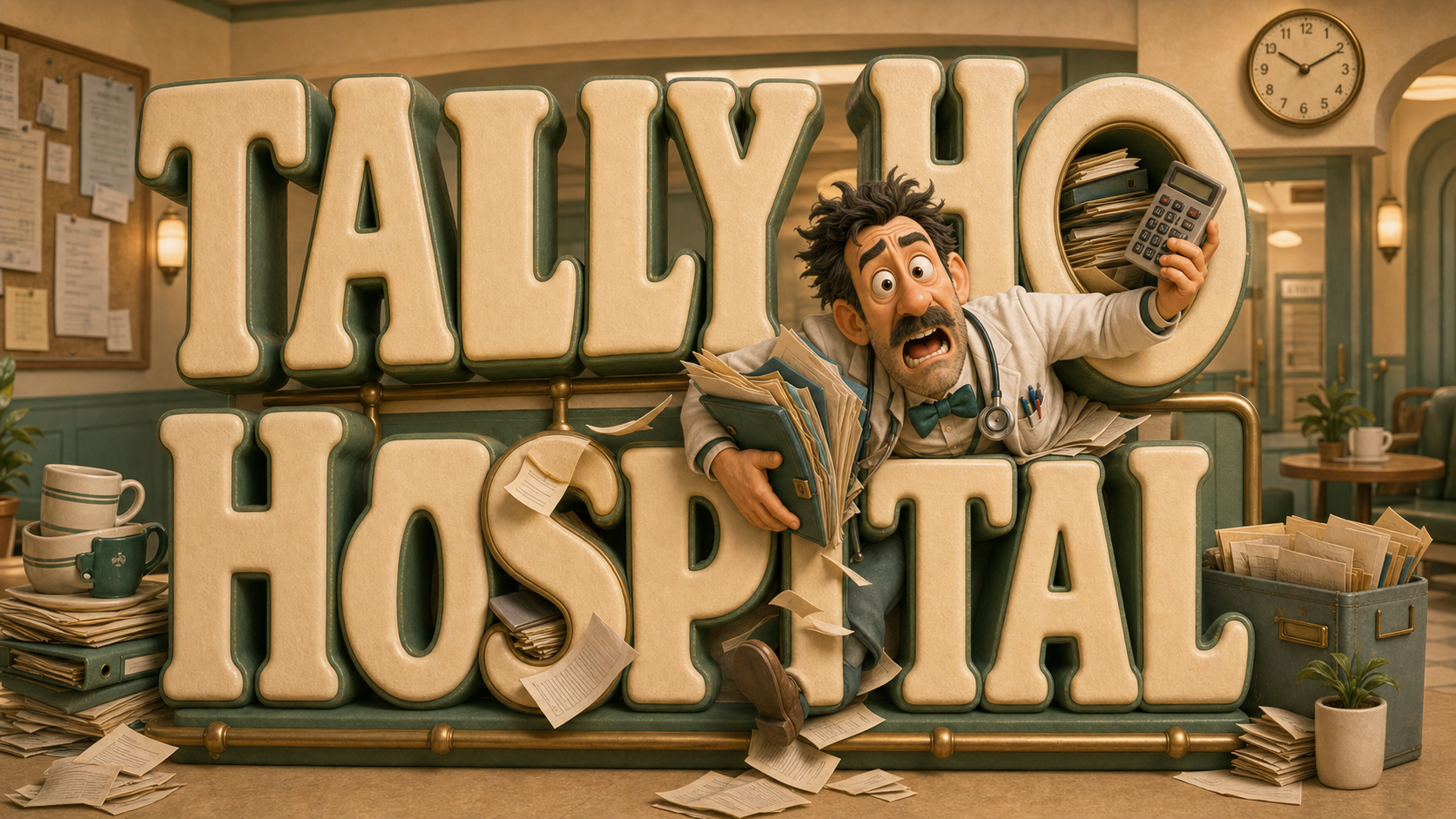 Dr Reggie Gland bursting through Tally Ho Hospital letters with analogue folders and paper charts