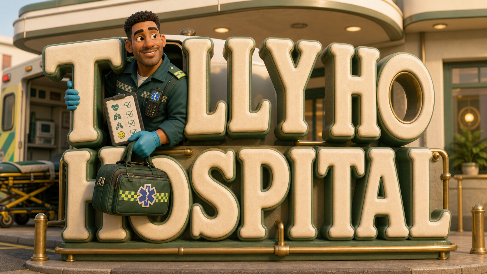 Sam Chase emerging through Tally Ho Hospital letters with ambulance and resilience props