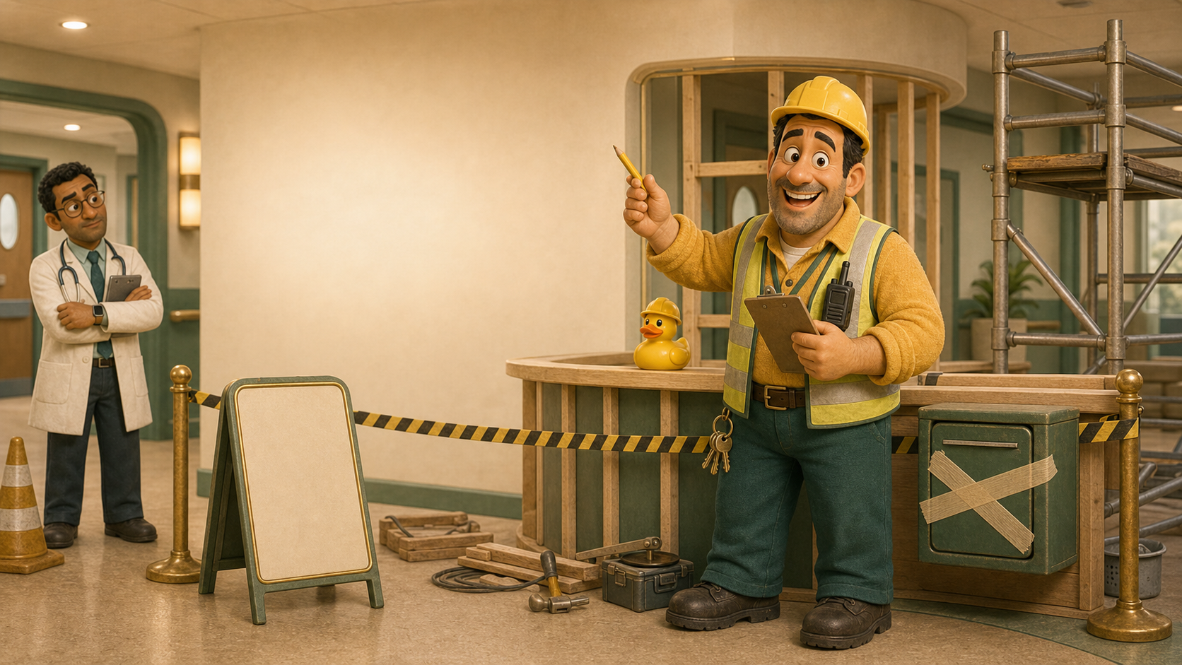 Pete the Porter in a hard hat building the Visitor Registration Suite while Dr Axis watches from the hospital corridor