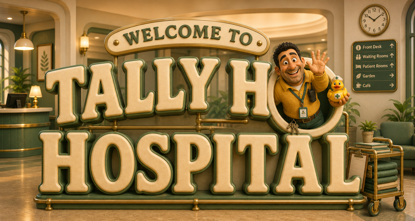 Welcome to Tally Ho Hospital with Pete the Porter bursting through the O of Ho holding his fallacy duck